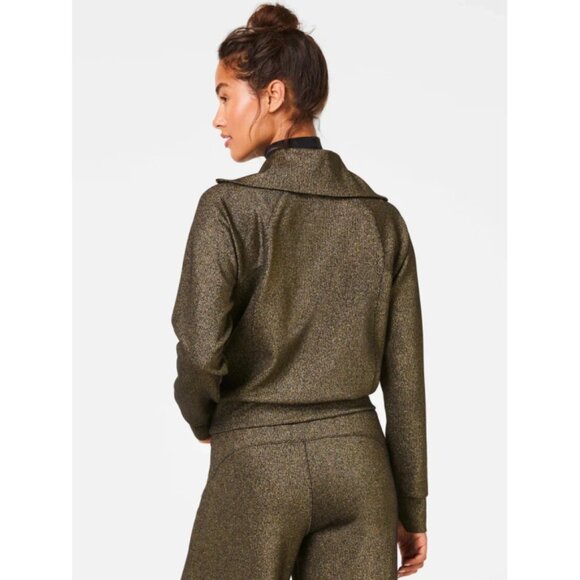 Spanx AirEssentials Half Zip Shimmer Very Black Gold Shine Knit V-Neck Sweater S - Picture 2 of 8